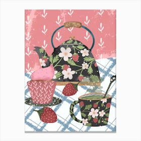 Strawberry pattern teacup and teapot cottage core tea time artwork Canvas Print