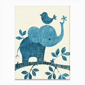 Small Joyful Elephant With A Bird On Its Head 18 Canvas Print