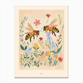 Folksy Floral Animal Drawing Bee Poster Canvas Print