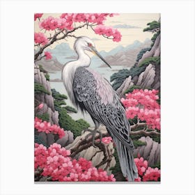 Pink Blossoms And Crane 3 Vintage Japanese Botanical Canvas Print