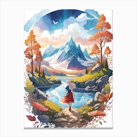 A Girl With River And Mountain Background Canvas Print