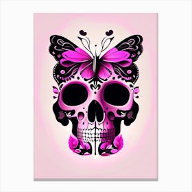 Skull With Butterfly Motifs Pink 2 Mexican Canvas Print