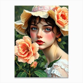 Girl With Hat and Roses Canvas Print