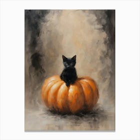 Black Kitten on a Pumpkin | Vintage Halloween Cat Witch All Year Decor | Autumn Moody Aesthetic Art Print | Neutral Tones Gothic Witchcraft Dark Academia Witchcore Painting Canvas Print