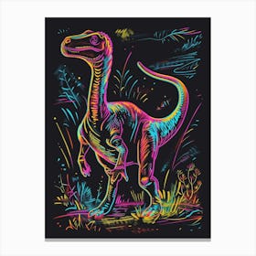 Neon Rainbow Dinosaur Line Illustration With Black Background 2 Canvas Print