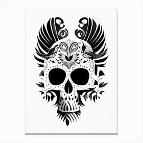 Skull With Bird Motifs Black And White Mexican Canvas Print
