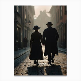 Couple Walking Down A Cobblestone Street Canvas Print