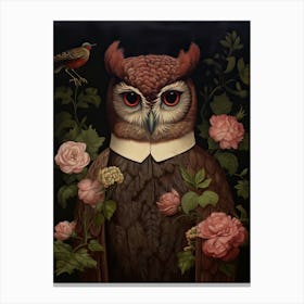 Owl Portrait With Rustic Flowers 0 Canvas Print