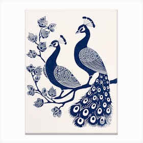Two Peacocks In A Tree Linocut Inspired Canvas Print