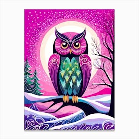 Pink Owl Snowy Landscape Painting (3) Canvas Print