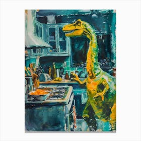 Dinosaur Cooking In The Kitchen Blue Brushstrokes 1 Canvas Print