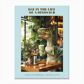 Dinosaur Drinking A Matcha Latte Retro Abstract Collage 2 Poster Canvas Print