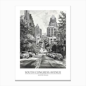South Congress Avenue Austin Texas Black And White Drawing 1 Poster Canvas Print