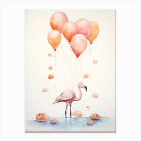 Flamingo Flying With Autumn Fall Pumpkins And Balloons Watercolour Nursery 2 Canvas Print
