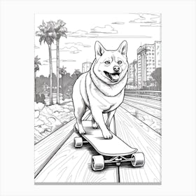 Shiba Inu Dog Skateboarding Line Art 2 Canvas Print