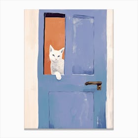 Cat Peeking Out Of Blue Door Canvas Print