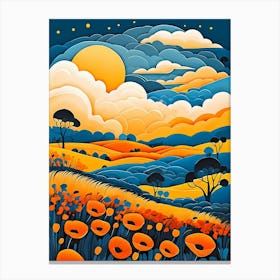 Cartoon Poppy Field Landscape Illustration (54) Canvas Print