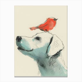 Red Bird On Dog'S Head Canvas Print