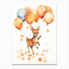 Deer Flying With Autumn Fall Pumpkins And Balloons Watercolour Nursery 2 Canvas Print