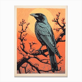 Vintage Bird Linocut Raven 3 Canvas Print