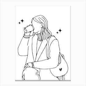 Girl Drinking Coffee Line Art Hand Drawing Illustration Canvas Print