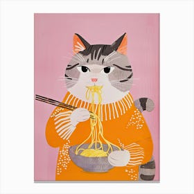 Cute Grey White Cat Eating Pasta Folk Illustration 2 Canvas Print