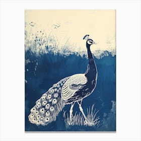 Peacock Walking In The Grass Linocut Inspired 3 Canvas Print