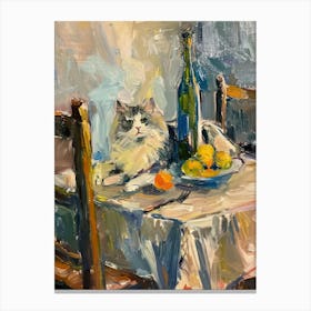 Grey Cat With Oranges And Wine Canvas Print