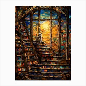 Stained Glass Of A Cat On The Stairs In A Library Canvas Print