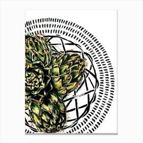 Watercolor and Ink Kitchen Fruit Illustration of Green Artichoke on a Plate Canvas Print