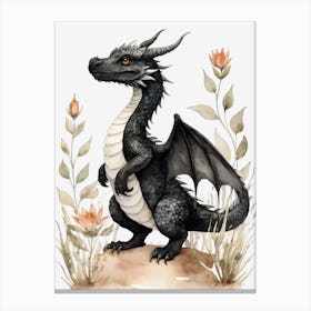 Cute Black Baby Dragon Flowers Painting (2) Canvas Print