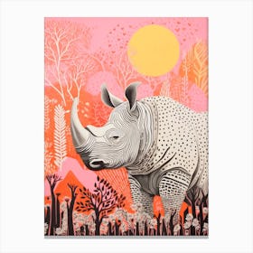 Rhino With Tree Patterns Pink Canvas Print