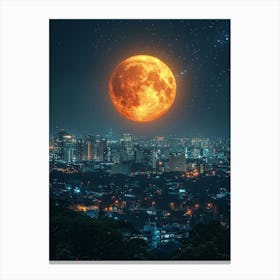 Full Moon Over City At Night Canvas Print