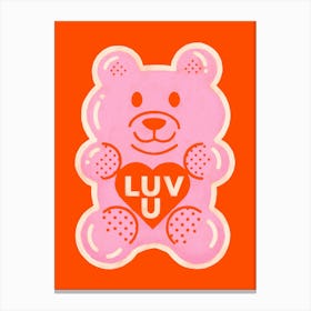 Pink Bear On Red Canvas Print