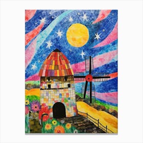 Cat Peaking Out Of The Corner With A Medieval Windmill Colourful  Canvas Print