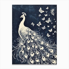 Cream & Navy Blue Peacock With Butterflies Linocut Inspired  1 Canvas Print