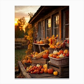 An Inviting Rustic Farm With Vegetables Like Corn Pumpkins Squash Elegantly Arranged In A Wooden B (1) Canvas Print