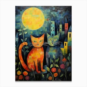 Two Cats In A Garden At Night In Front Of A Medieval Village Canvas Print
