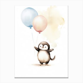 Baby Penguin Flying With Ballons, Watercolour Nursery Art 3 Canvas Print