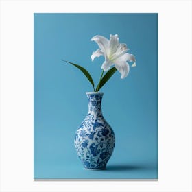 White Lily In A Blue Vase Canvas Print