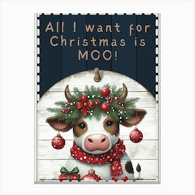 Funny Cute Cow Christmas Blue Sign Canvas Print