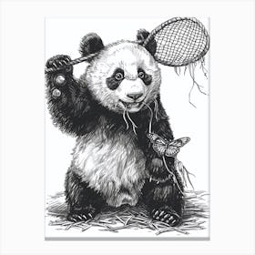 Giant Panda Cub Playing With A Butterfly Net Ink Illustration 1 Canvas Print