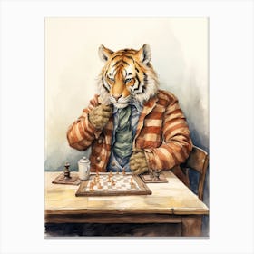Tiger Illustration Playing Chess Watercolour 3 Canvas Print