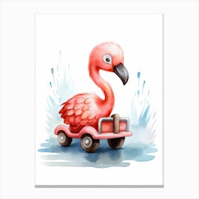 Baby Flamingo On Toy Car, Watercolour Nursery 2 Canvas Print