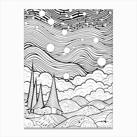 Line Art Inspired By The Starry Night 4 Canvas Print