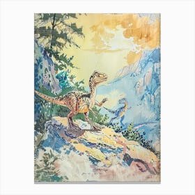 Dinosaur Friends On A Mountain Vintage Storybook Style Canvas Print