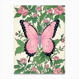 Pink Butterfly On Pink Flowers Canvas Print