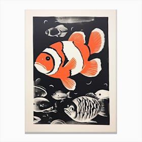 Clownfish, Woodblock Animal Drawing 3 Canvas Print