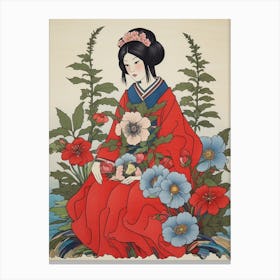 Hanaichige Japanese Anemone Vintage Japanese Botanical And Geisha Canvas Print