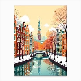 Vintage Winter Travel Illustration Amsterdam Netherlands 3 Canvas Print